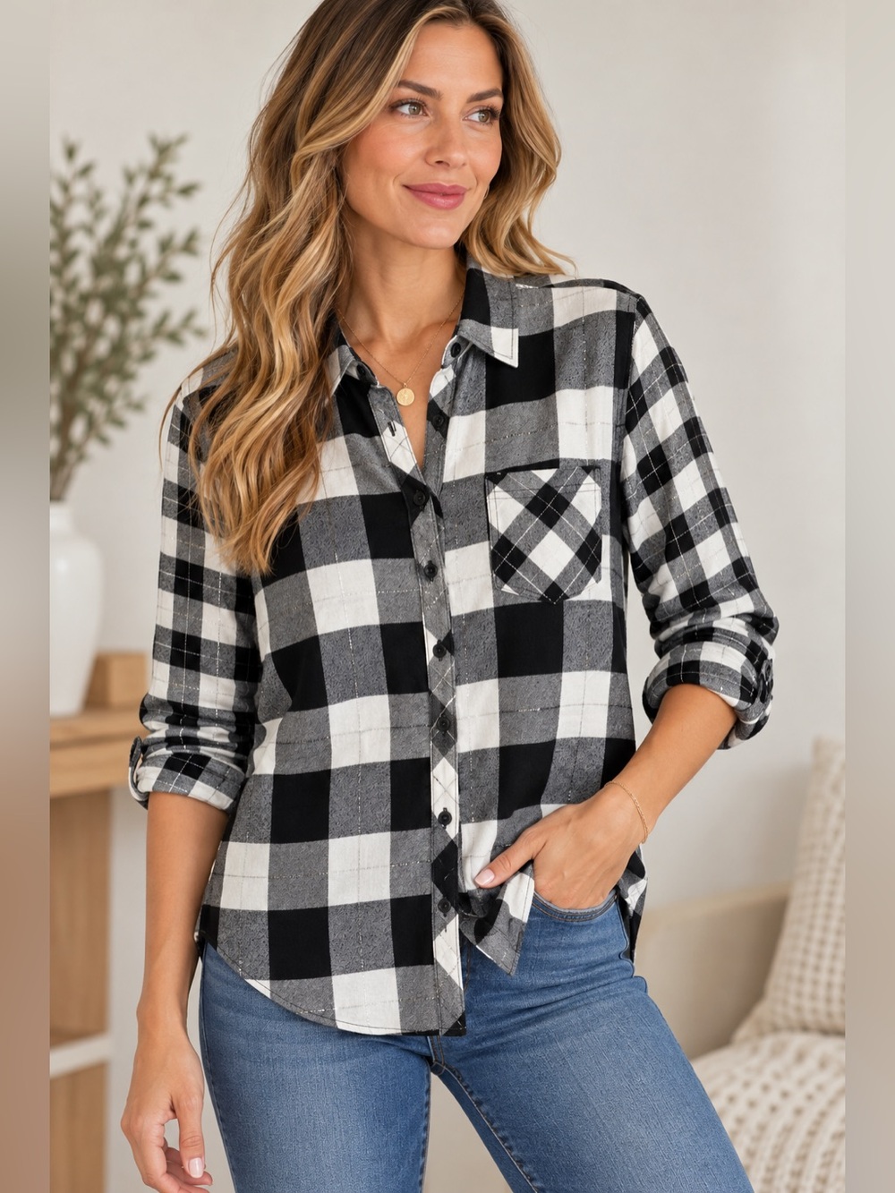 Maurices Black White Plaid Flannel Button Down Shirt Large
